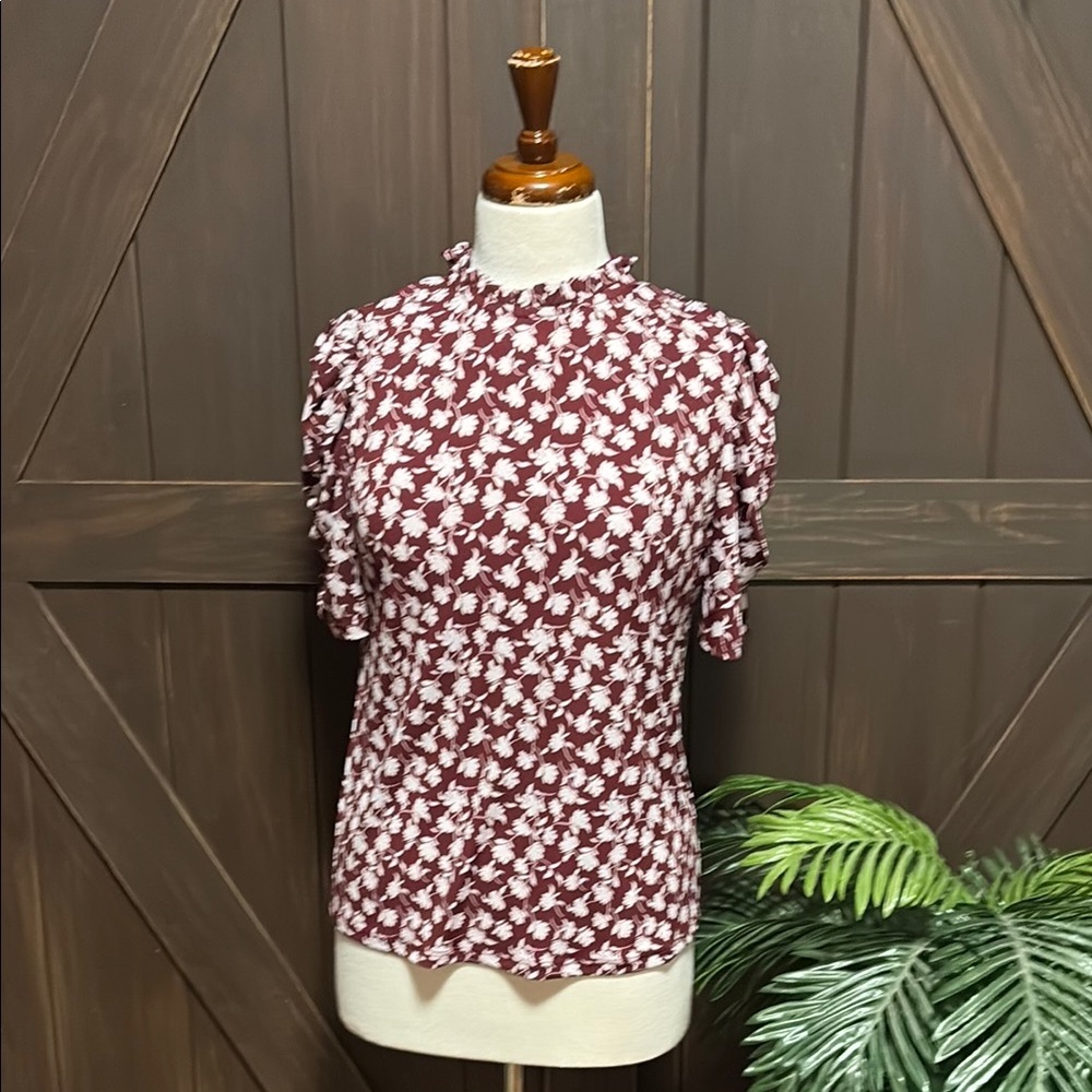 CeCe Red and White Ruffled Blouse with Mandarin Collar
